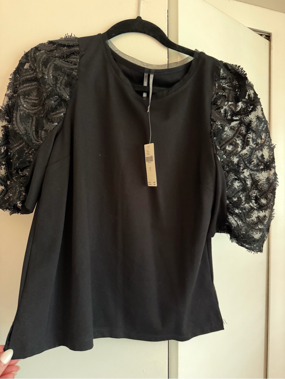 Anthropologie Black Puff Lace Sequin Sleeve Top